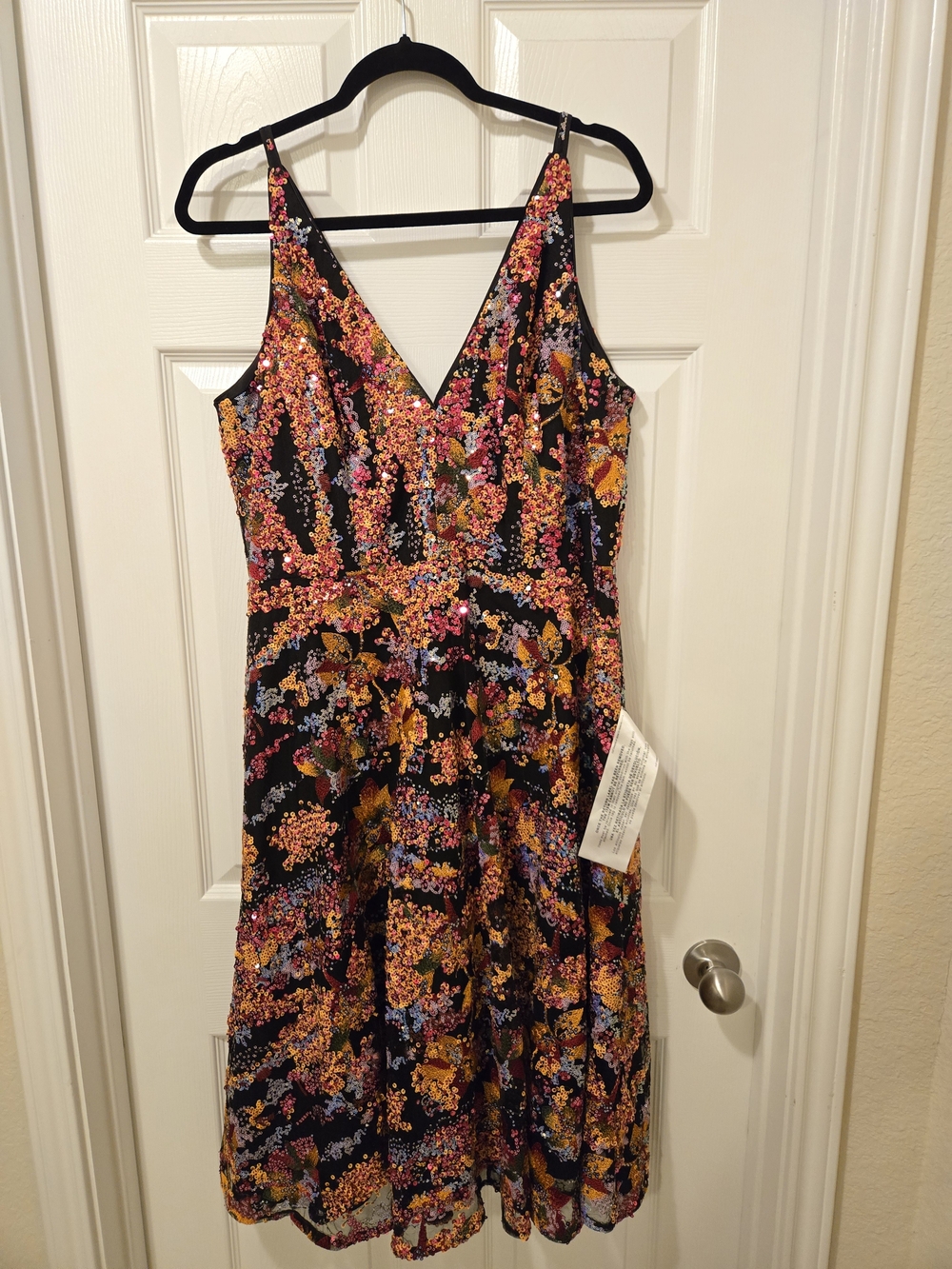 Floral V-Neck Sleeveless Women’s Dress - Black with Pink & Yellow Floral Print - Picture 2 of 9